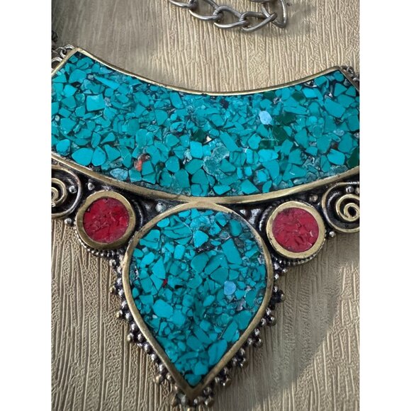 Southwestern Tribal Necklace With Red & Turquoise Howlite Stones Micro Mosaic 19 - Picture 3 of 7